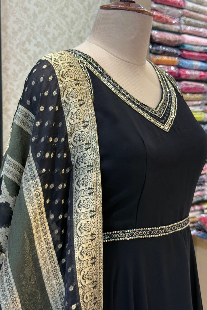 Black Beads and Sequins work Anarkali Gown with Traditional Banaras work Dupatta