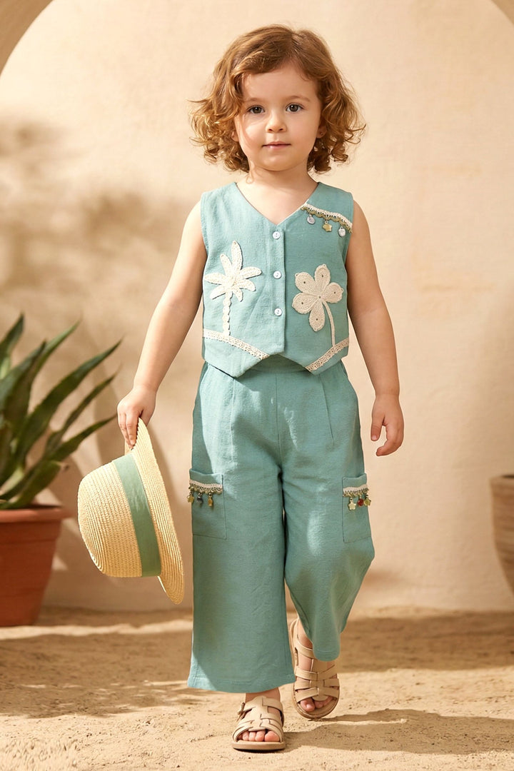 Sea Green with Lace work Top and Palazzo Set for Girls