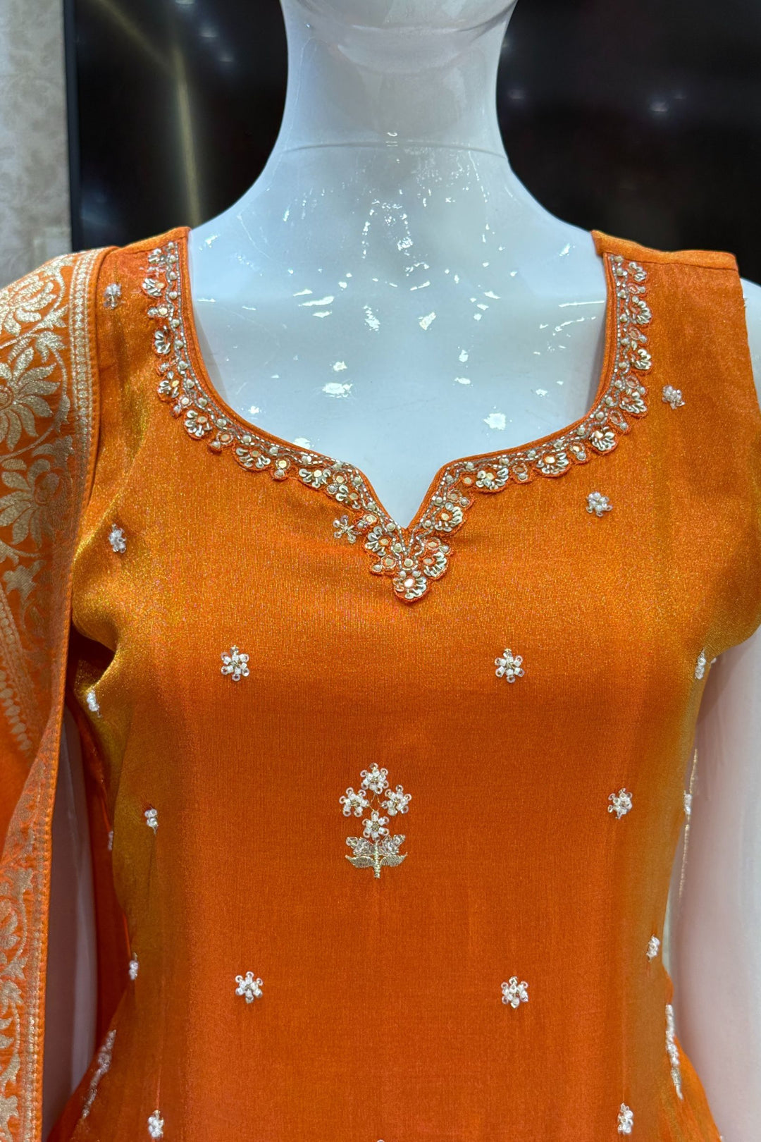 Orange Beads, Sequins and Zari work Palazzo Salwar Suit