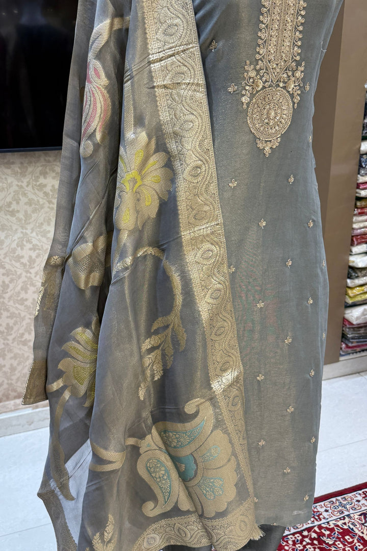 Grey Sequins, Zari and Banaras work Straight Cut Salwar Suit