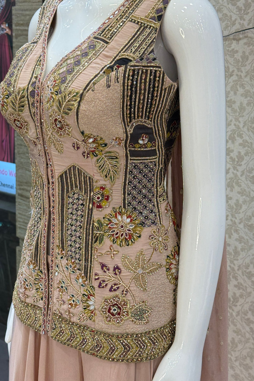 Peach Beads, Mirror, Zari and Thread work with Digital Print Palazzo Salwar Suit