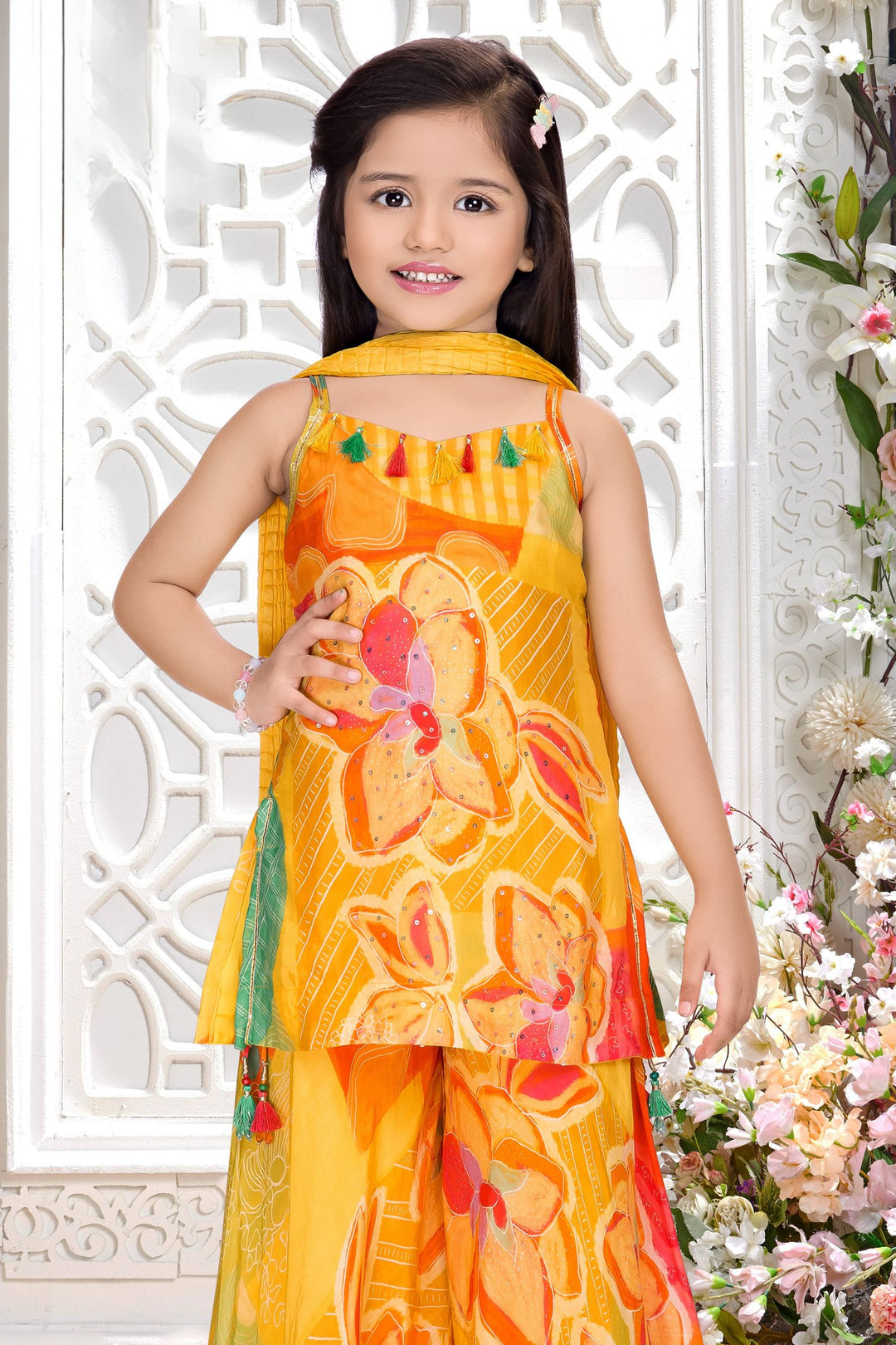 Yellow Sequins work with Multicolor Digital Print Palazzo Set For Girls