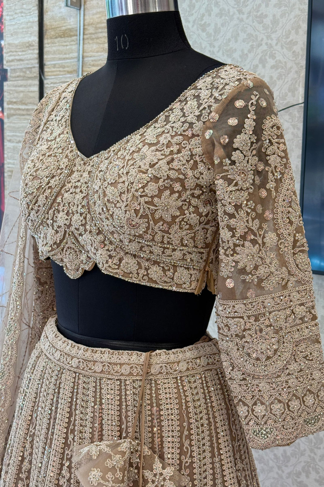 Designer Champagne Gold Wedding Lehenga Featuring Sequins, Stone and Zari Thread