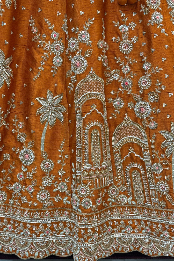Orange Royal Heritage Motif Wedding Lehenga