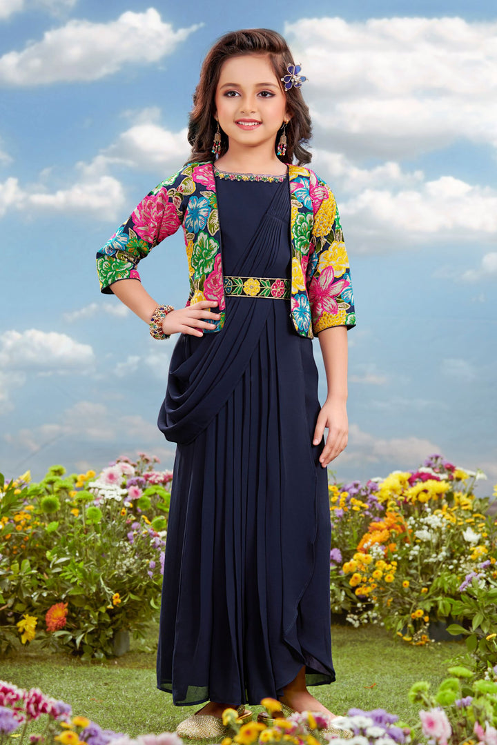 Black Floral Print with Embroidery and Zari work Overcoat Styled Long Party Gown for Girls