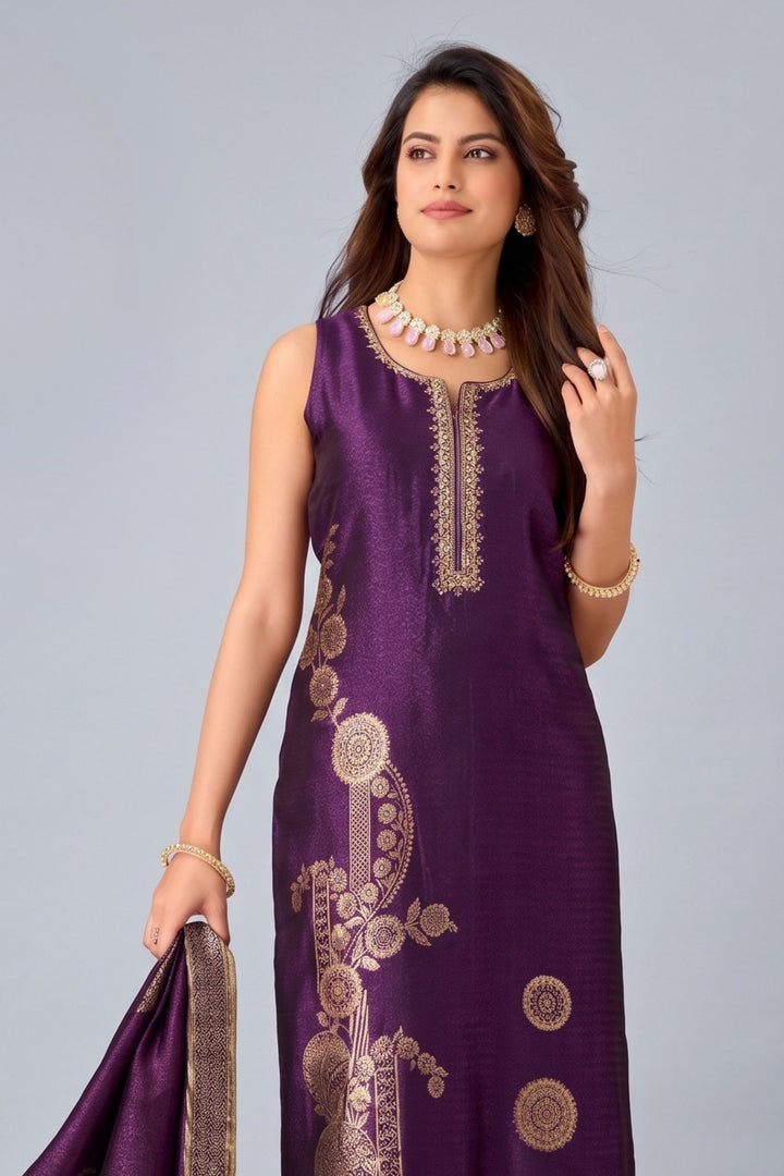 Purple Zardozi, Stone, Mirror, Zari and Banaras work Straight Cut Salwar Suit