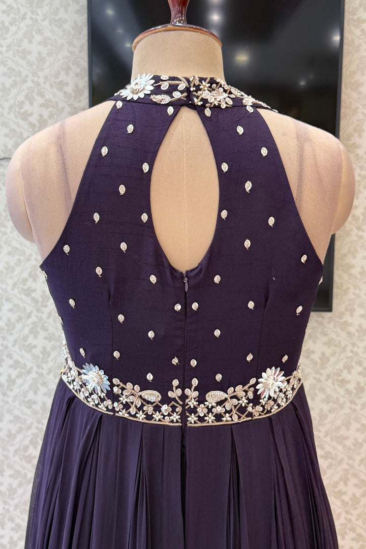 Wine Beads and Zari work Halter Neck Floor Length Anarkali Suit