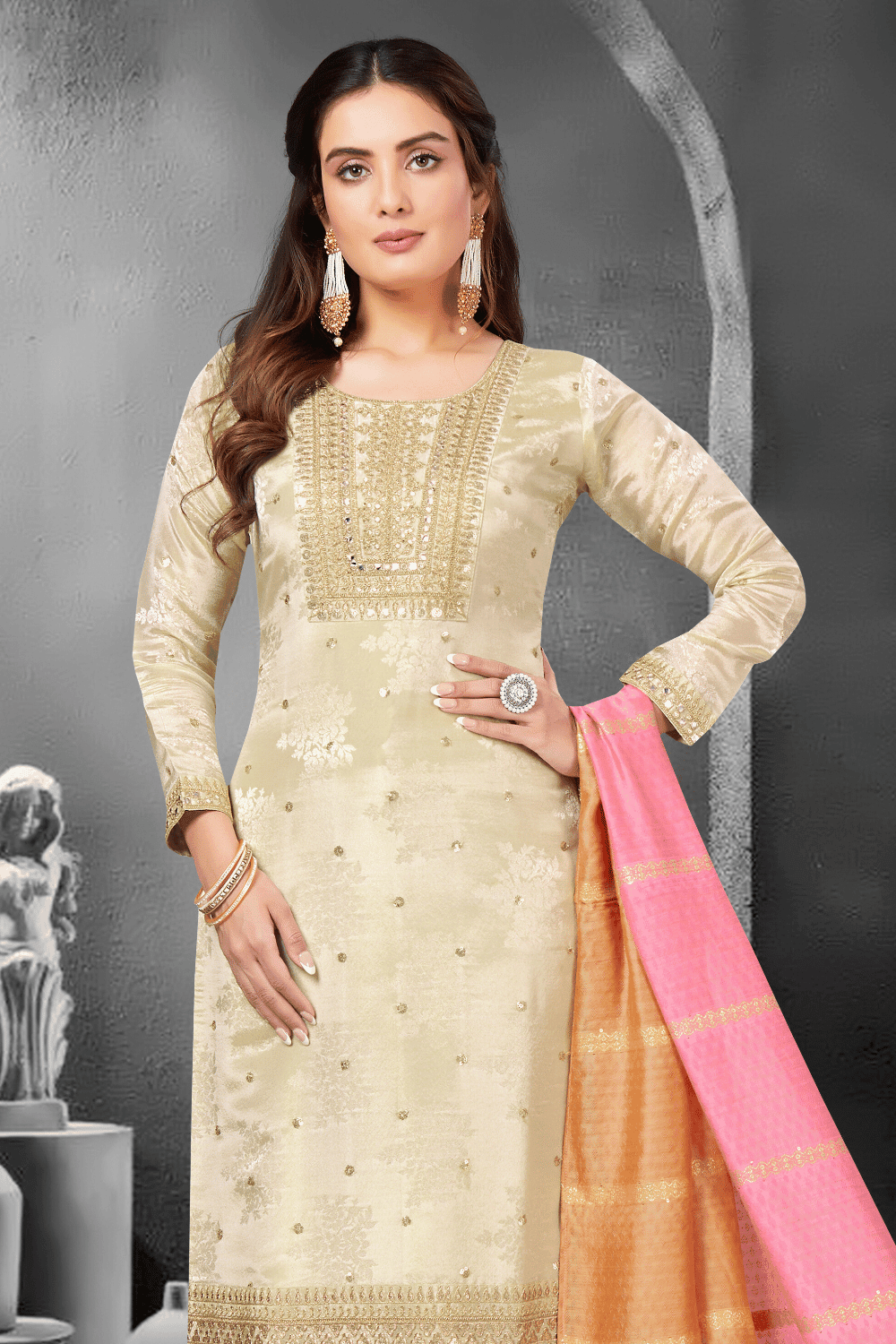 Beige Zari, Sequins and Banaras work Straight Cut Salwar Suit - Seasons Chennai