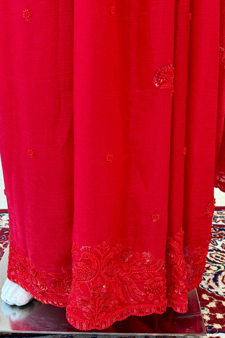 Red Beads, Thread and Sequins work Saree