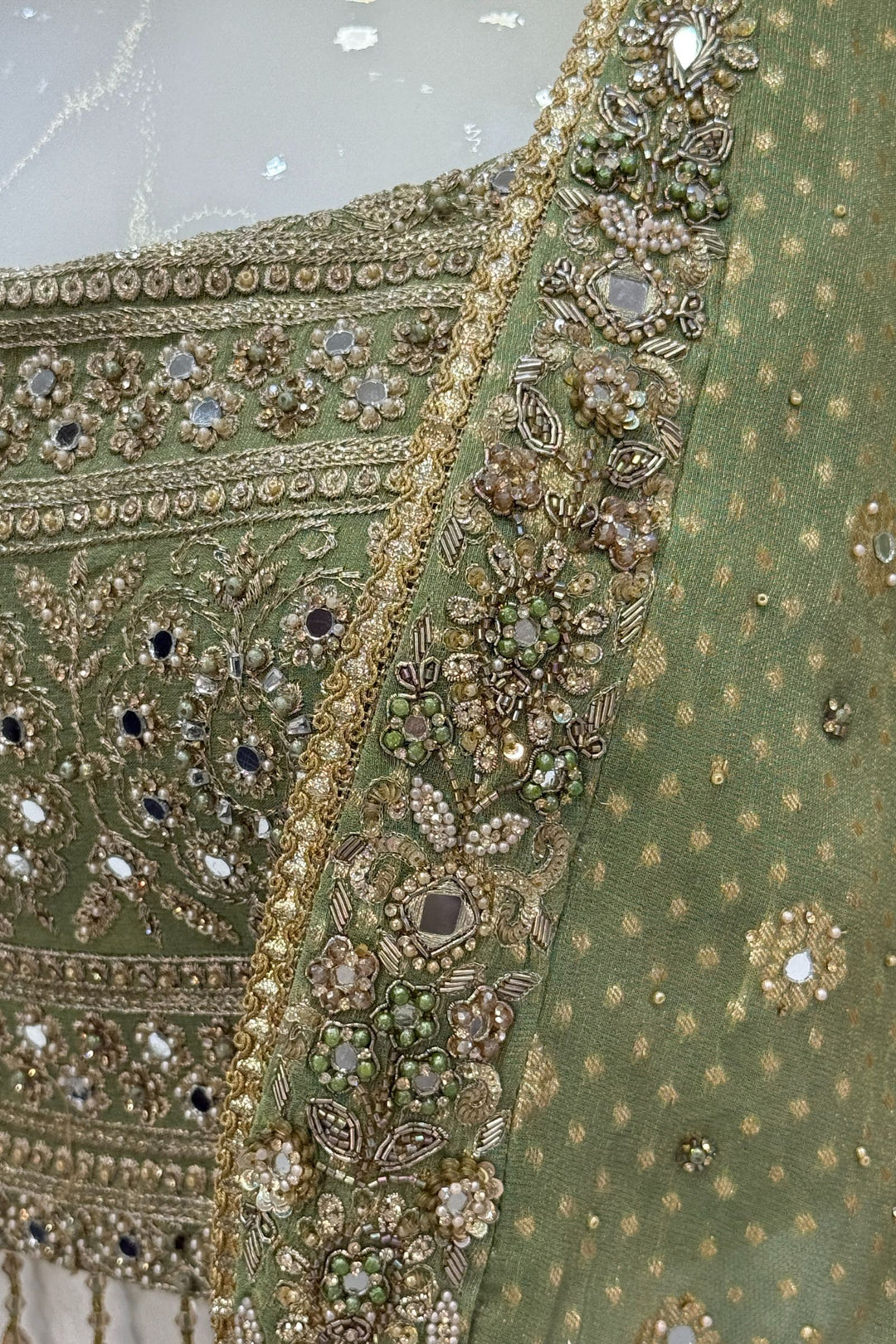 Pista Green Stone, Zari and Sequins work Crop Top with Overcoat Styled Palazzo Suit Set