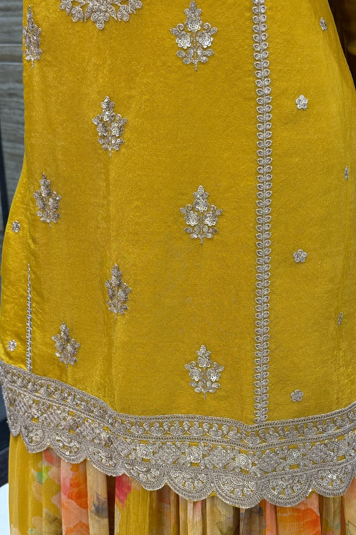 Yellow Zari and Sequins work with Digital Print Palazzo Salwar Suit