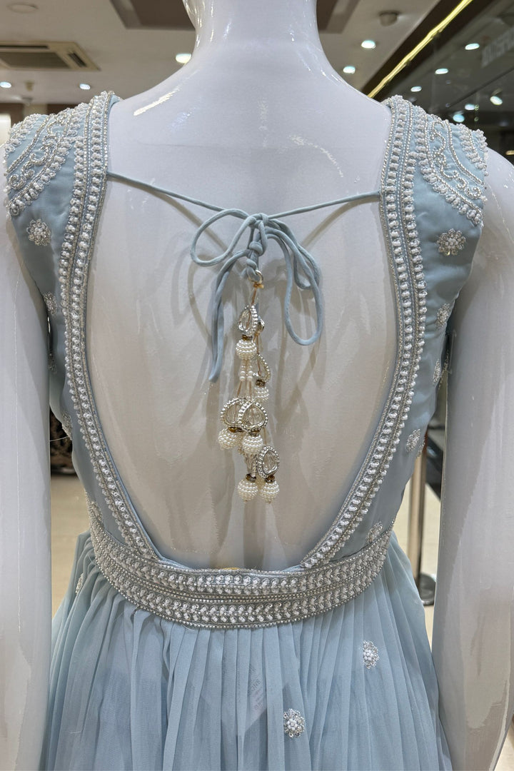 Sky Blue Beads, Sequins and Thread work Peplum Top with Sharara Suit Set