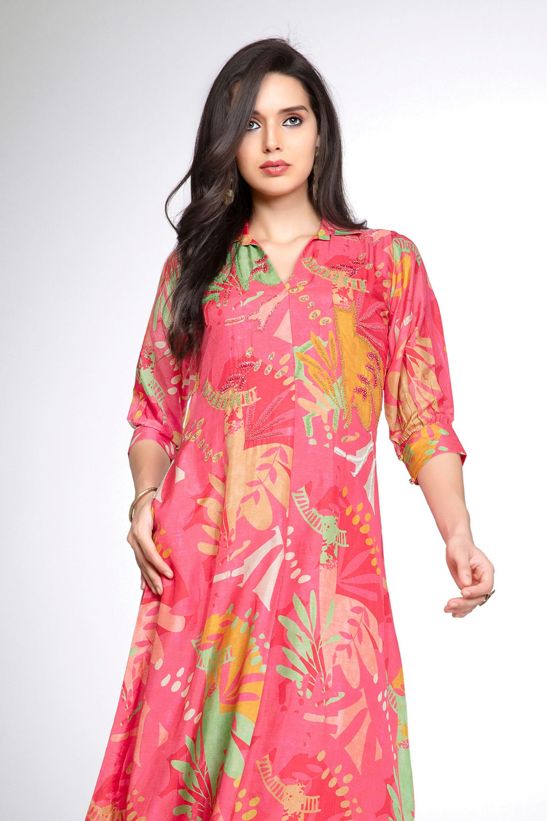 Pinkish Red Beads work with Multicolor Digital Print Calf Length Kurti