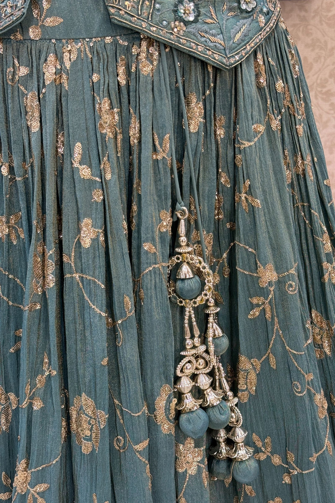 Teal Green Mirror, Zardozi, Sequins, Beads, Stone and Banaras work Peplum Style Lehenga