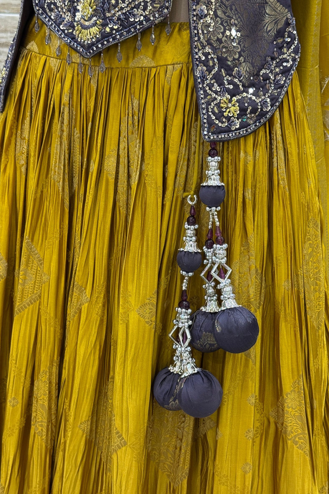 Dark Grey with Mustard Banaras, Mirror, Stone and Zari work Peplum Style Lehenga