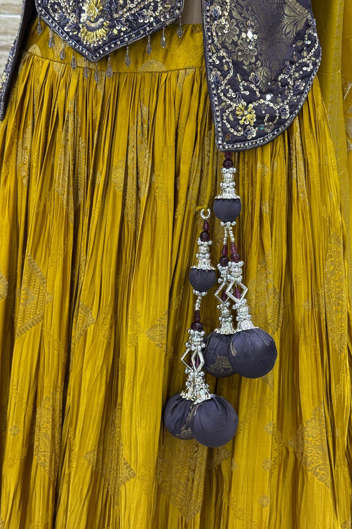 Dark Grey with Mustard Banaras, Mirror, Stone and Zari work Peplum Style Lehenga