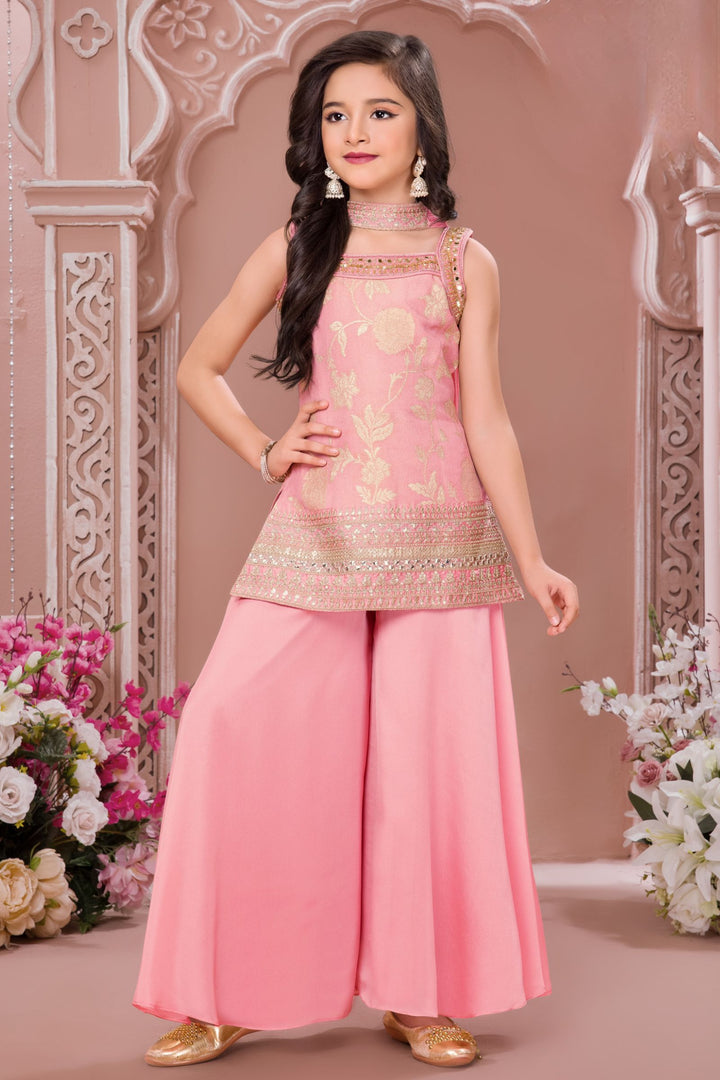 Pink Zari, Sequins, Mirror, Zardozi, Beads and Stone work Palazzo Suit Set for Girls