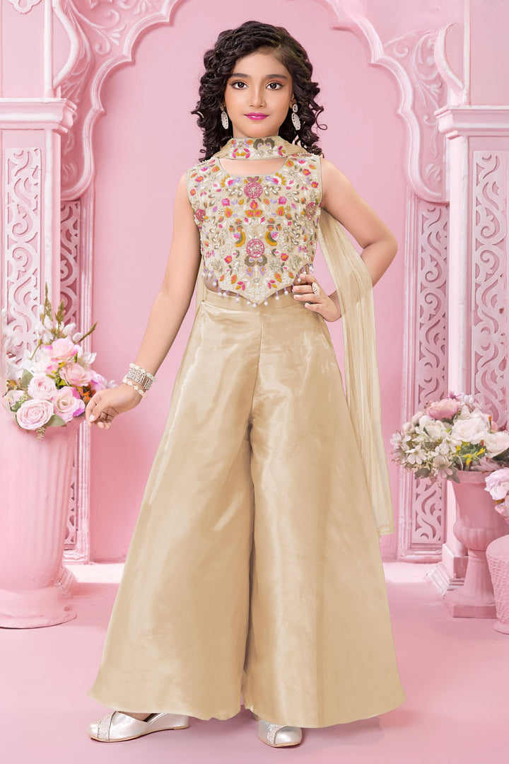Gold Sequins, Beads and Multicolor Embroidery work Palazzo Suit Set for Girls