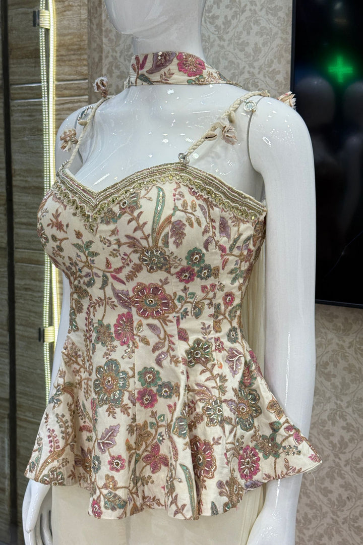 Cream Floral Print Peplum Top and Flared Palazzo Set with Zari and Beads work