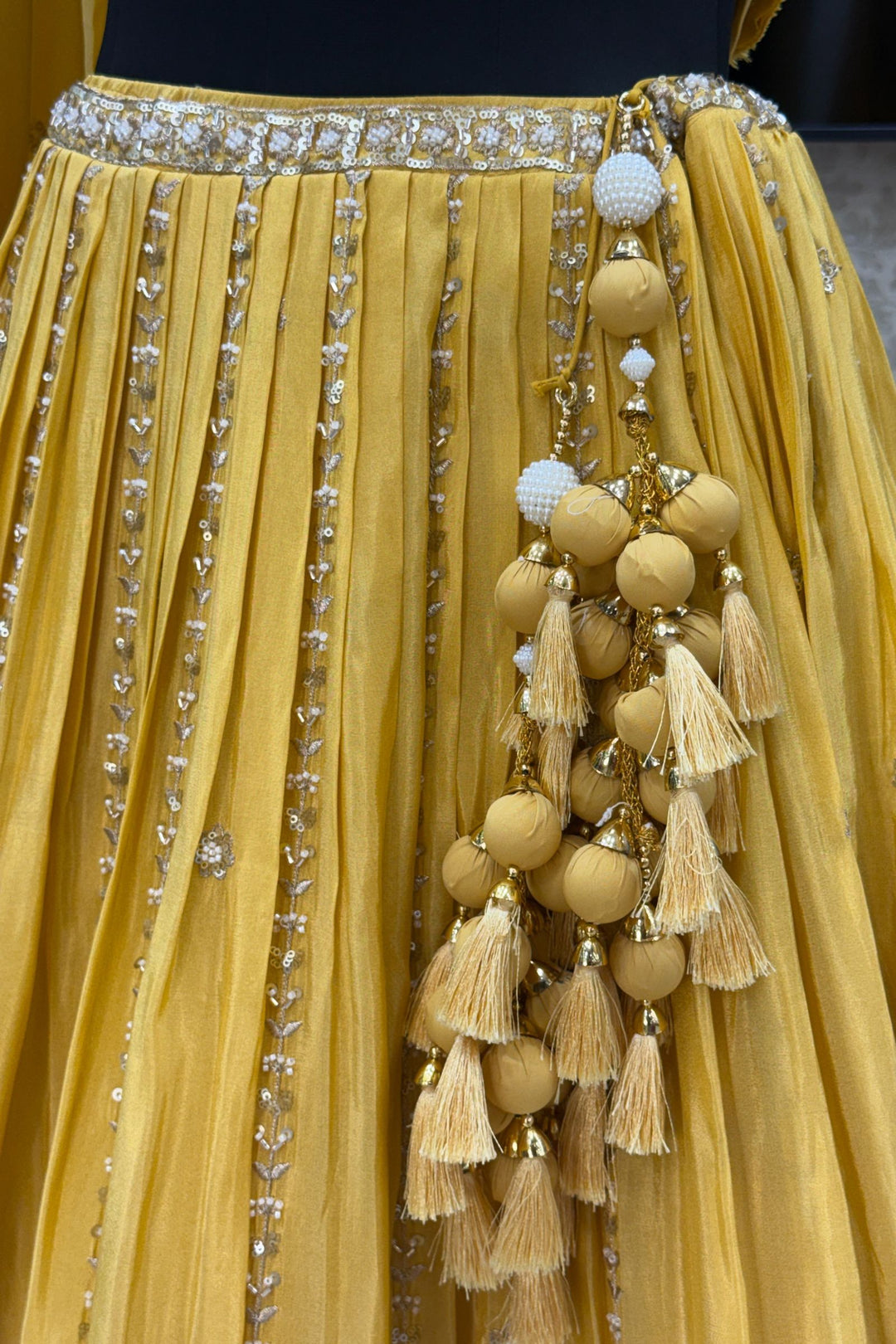 Yellow Zardozi, Beads, Thread, Sequins and Zari work Crop Top Lehenga