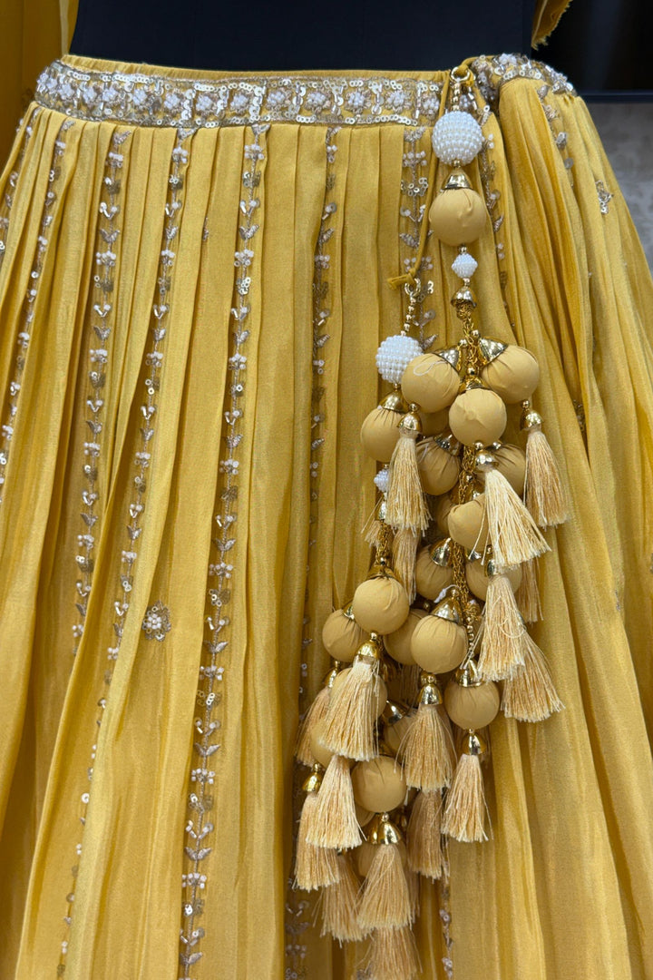 Yellow Zardozi, Beads, Thread, Sequins and Zari work Crop Top Lehenga
