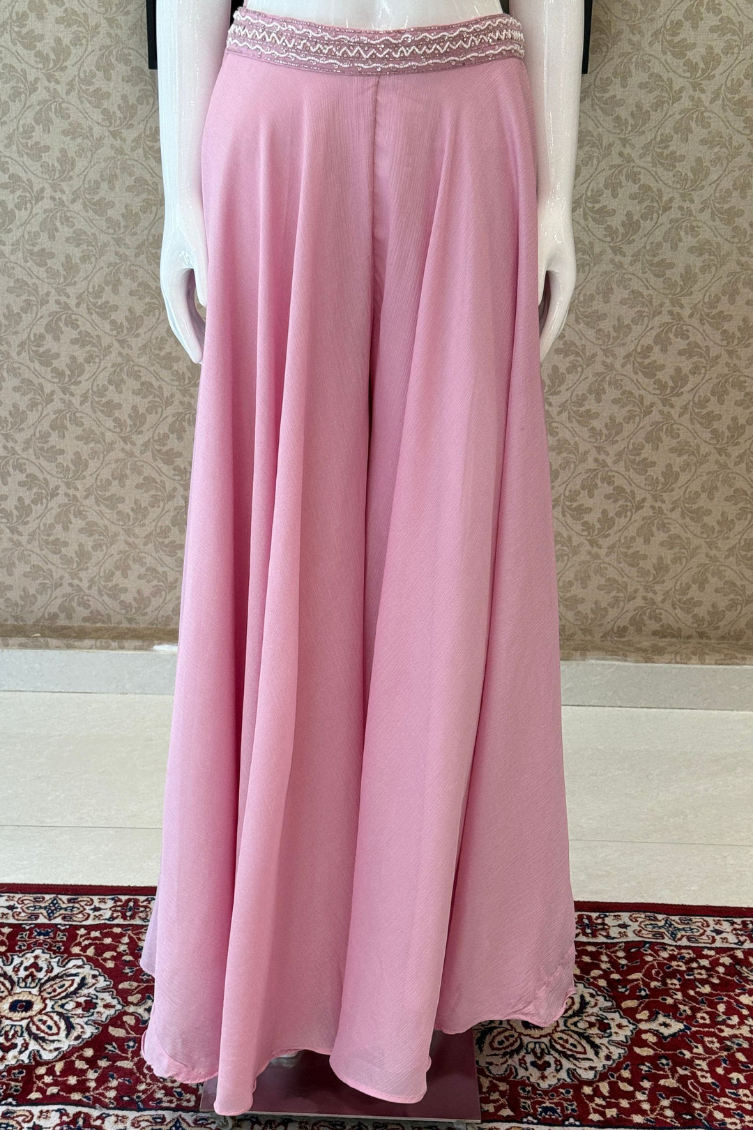 Baby Pink Beads and Stone work Indo-Western Palazzo Set with One-Shoulder Top