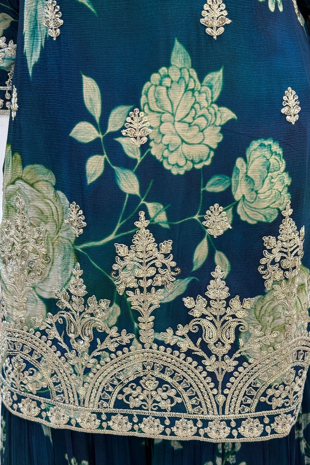 Peacock Blue Sequins and Zari work with Floral Print Sharara Salwar Suit