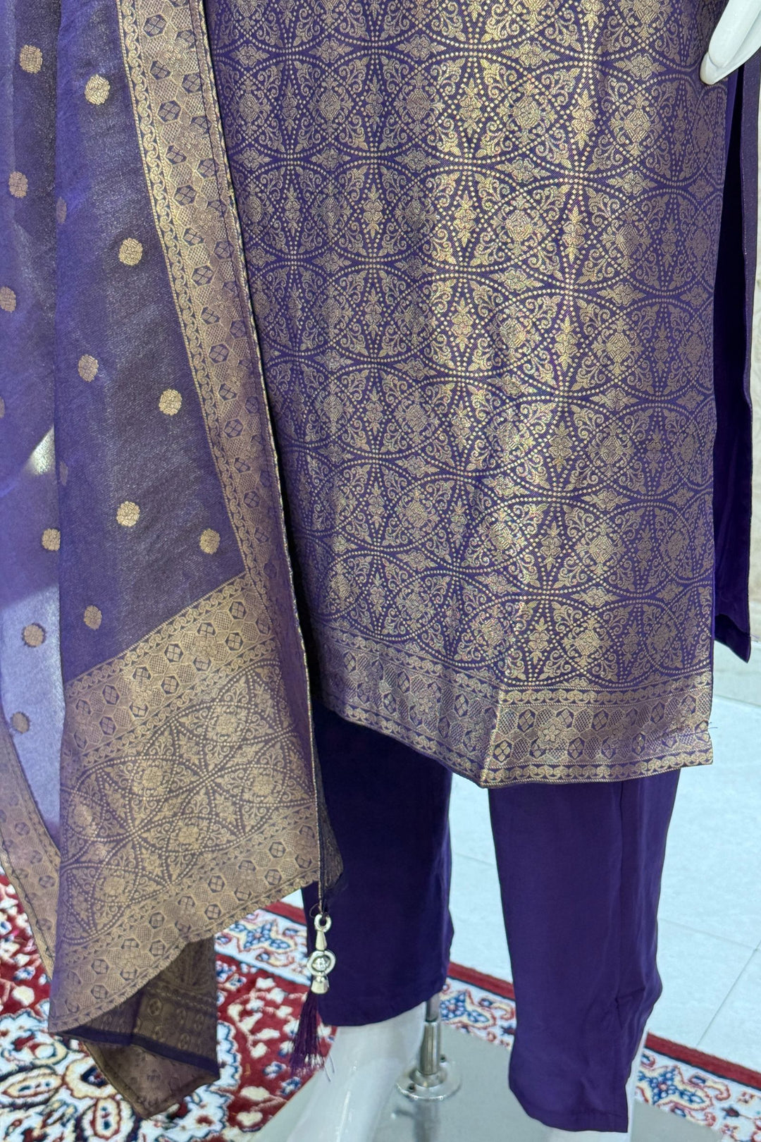 Purple Zardozi, Stone, Beads, Sequins and Brocade work Straight Cut Salwar Suit