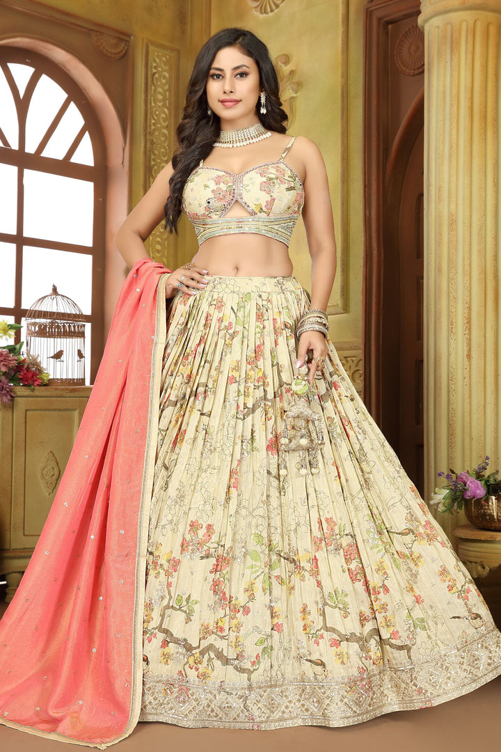 Pale Green Mirror, Sequins, Beads and Zardozi work with Floral Print Crop Top Lehenga