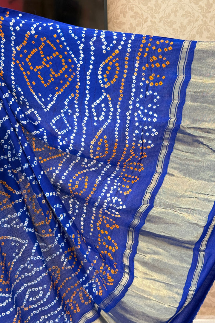 Royal Blue Traditional Bandhani Print Saree with Elegant Silver Zari Weaving