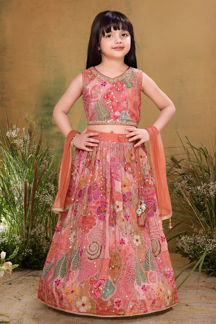 Dark Orange Sequins and Beads work with Multicolor Digital Print Lehenga Choli for Girls