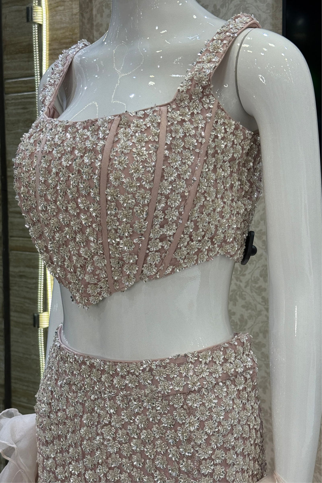 Pastel Peach Sequins and Beads work Fishcut Lehenga Set
