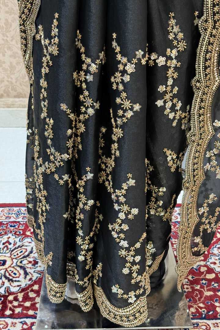 Black Beads, Zari and Sequins work Saree