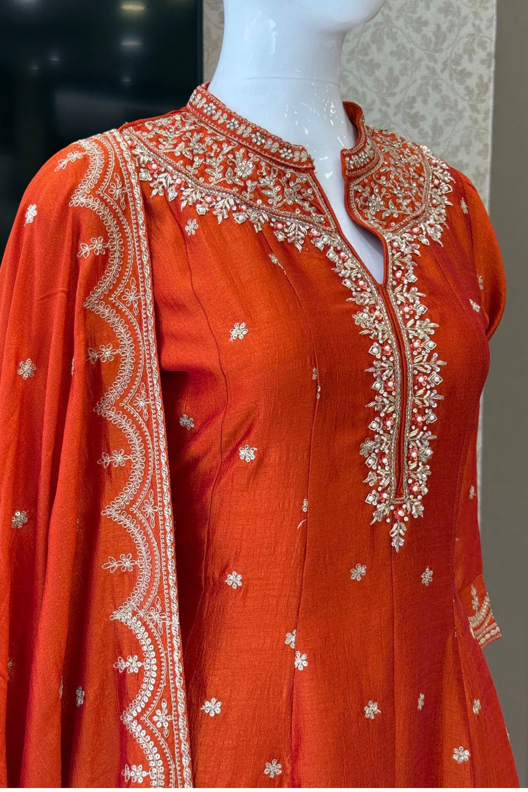 Orange Zari, Zardozi, Sequins and Stone work A-line Cut Salwar Suit