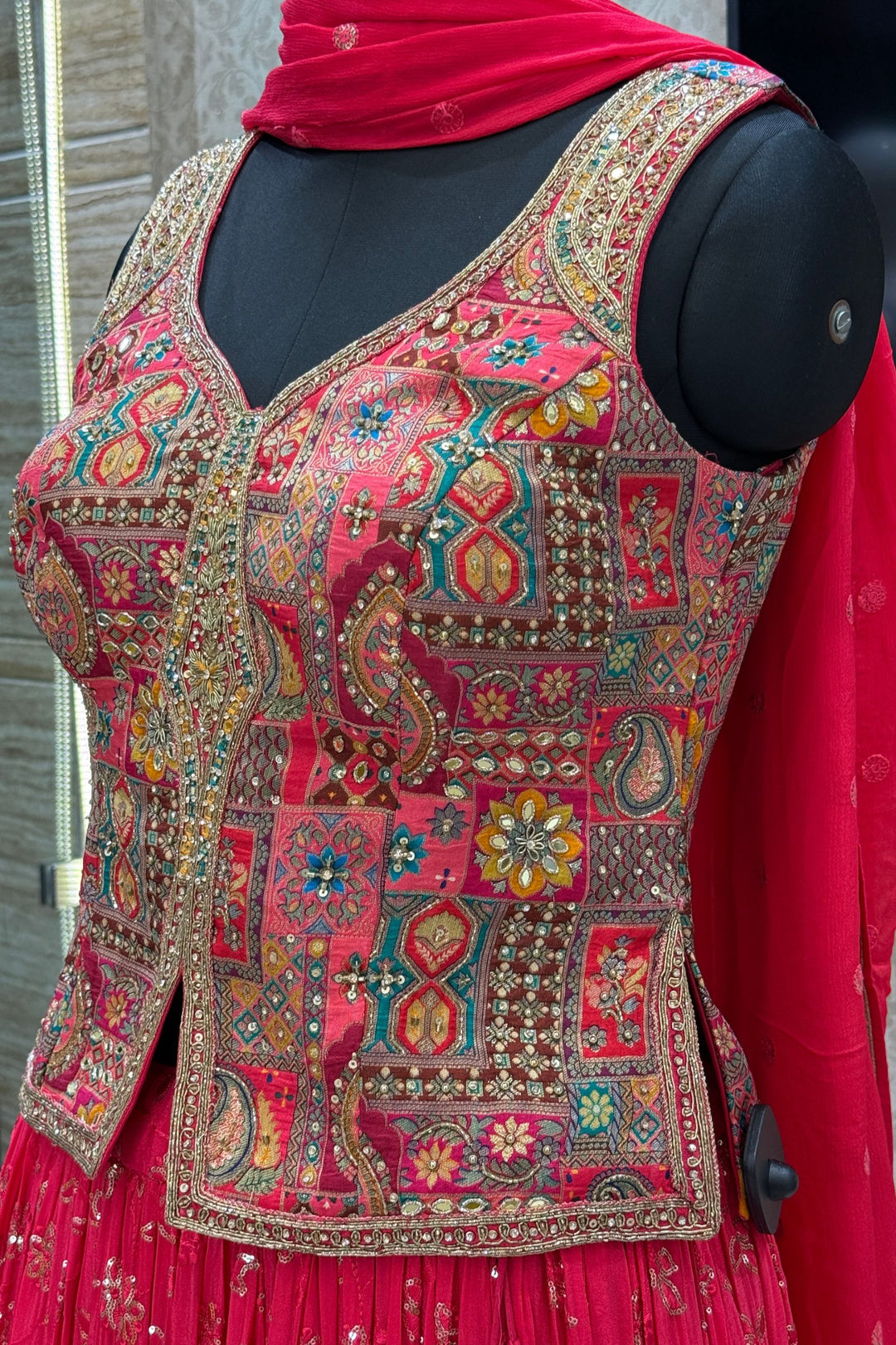 Rani Pink Zardozi, Beads, Mirror, Stone, Zari and Beads work Peplum Style Lehenga