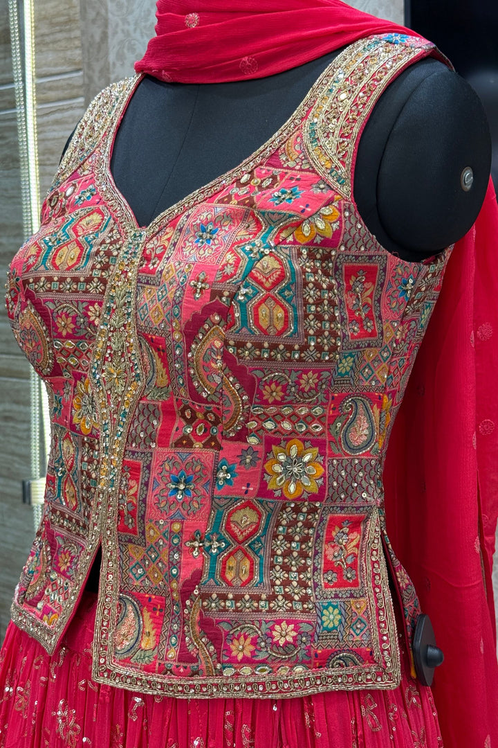 Rani Pink Zardozi, Beads, Mirror, Stone, Zari and Beads work Peplum Style Lehenga