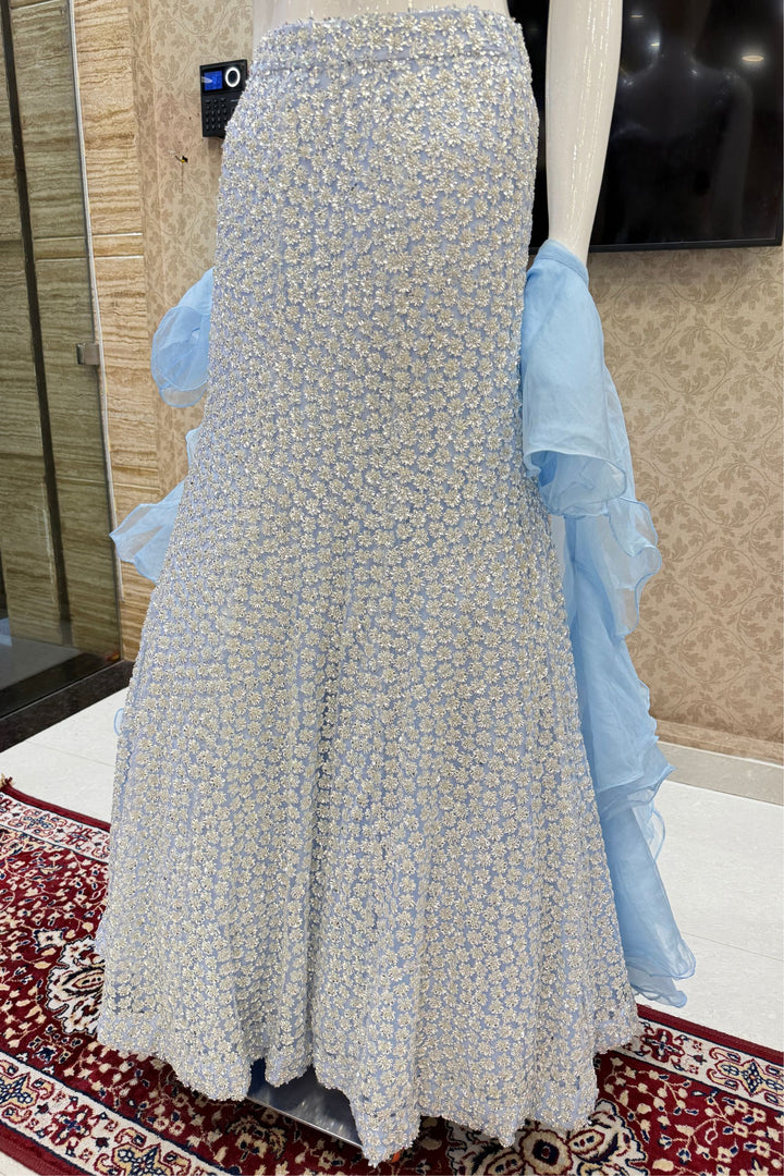 Ice Blue Sequins and Beads work Fishcut Lehenga Set