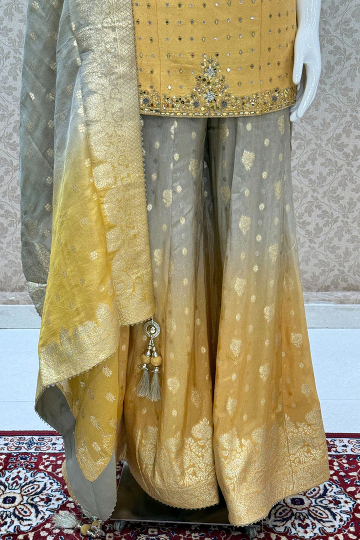 Golden Yellow with Grey Mirror, Sequins, Zari, beads and Banaras work Palazzo Salwar Suit