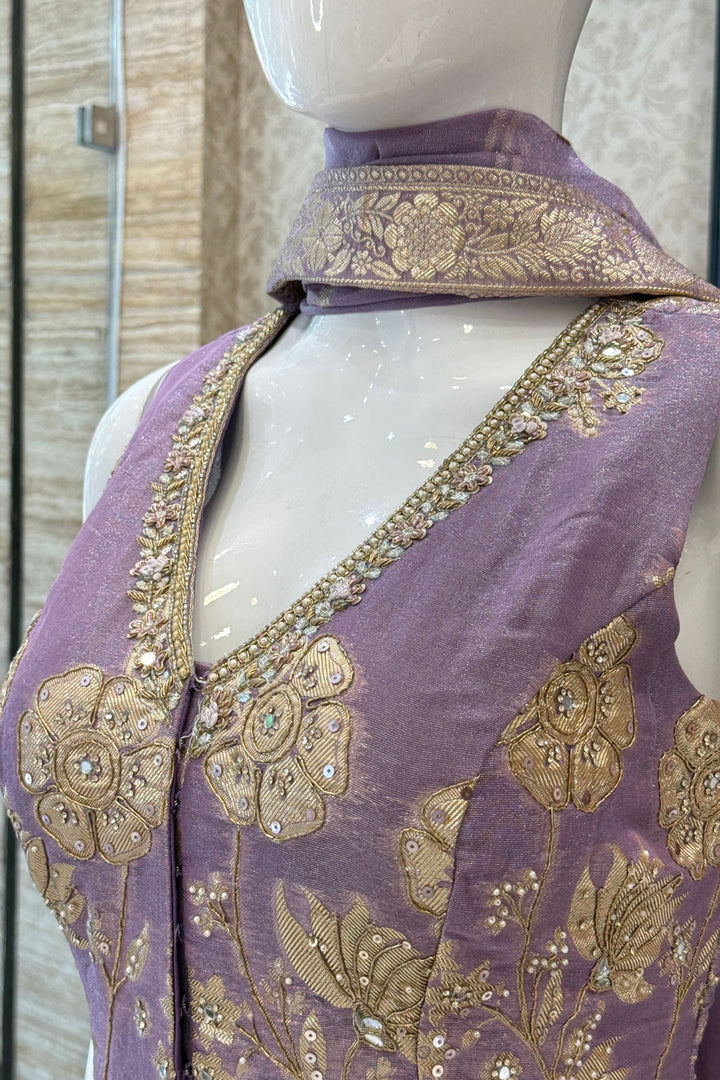 Lavender Palazzo Salwar Suit with Banaras, Mirror, Zari, Sequins and Stone Detailing