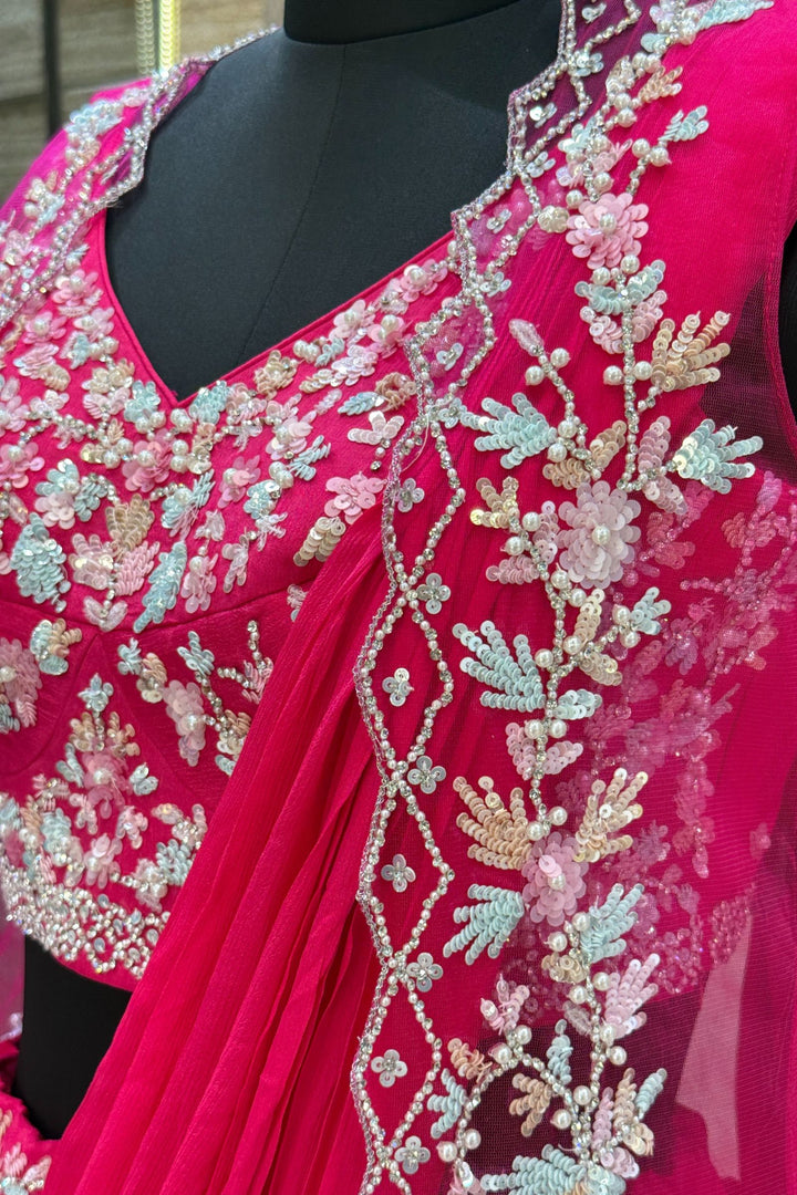 Rani Pink Sequins, Stone and Pearl work Indo-Western Styled Crop Top Lehenga  with Overcoat