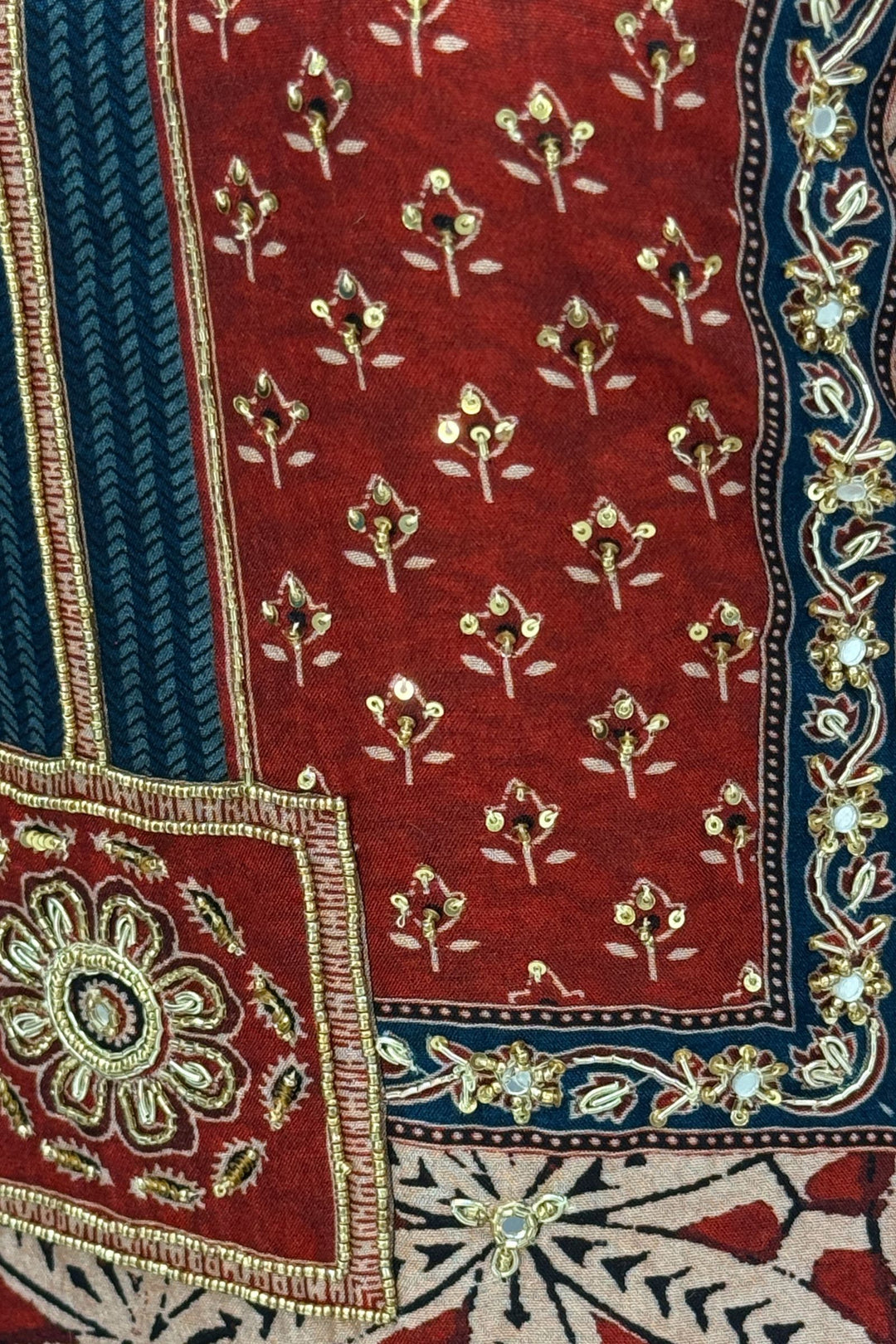 Maroon with Beige Sequins and Beads work with Ajrakh Print Straight Cut Salwar Suit