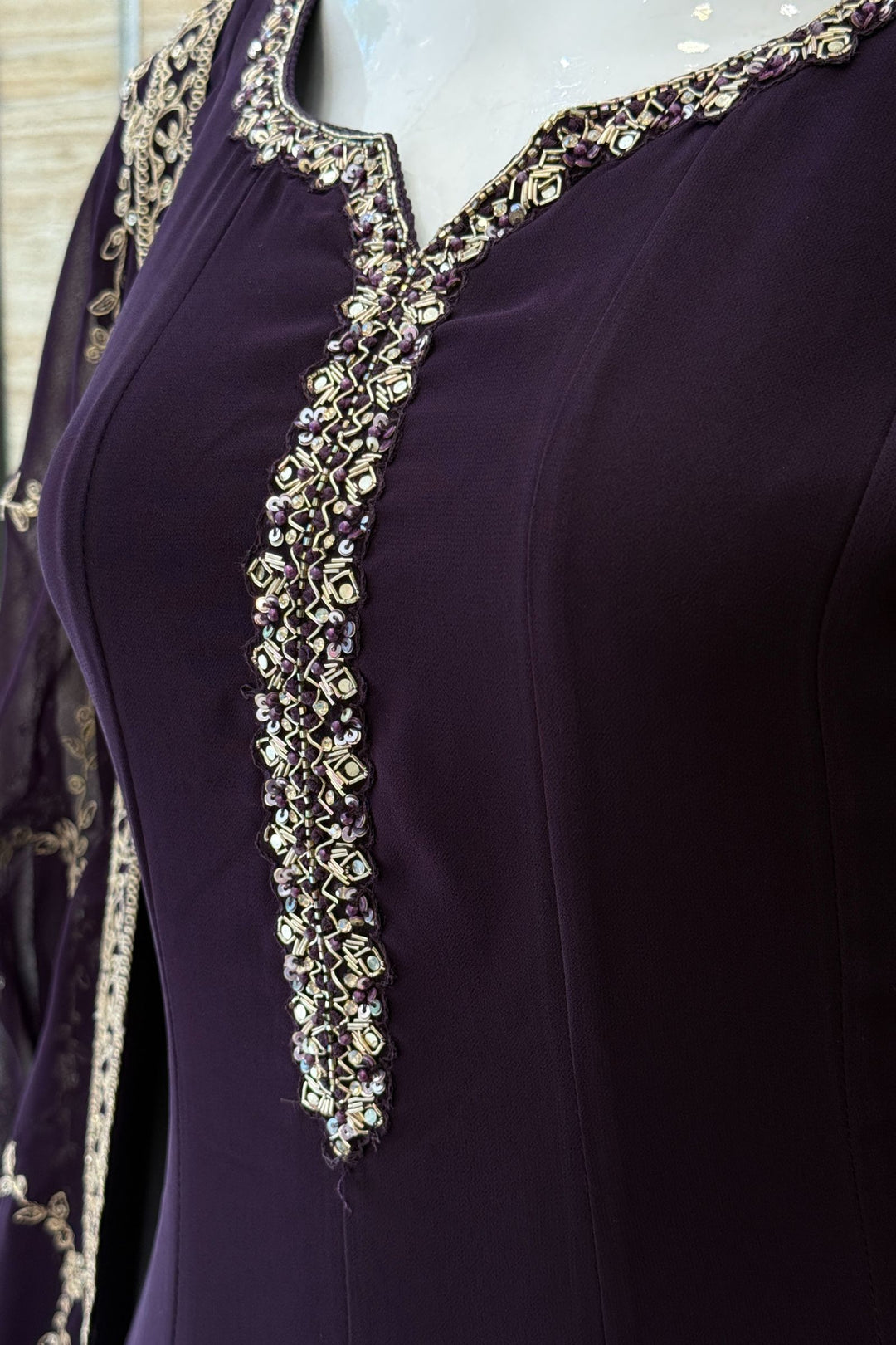 Dark Wine Stone, Sequins, Zardozi and Beads work Aline Cut Salwar Suit