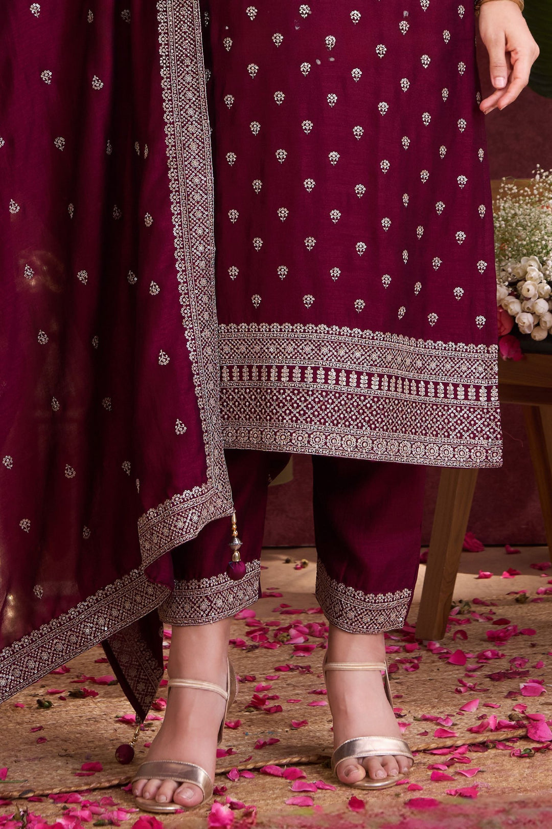 Wine Sequins and Zari work Straight Cut Salwar Suit