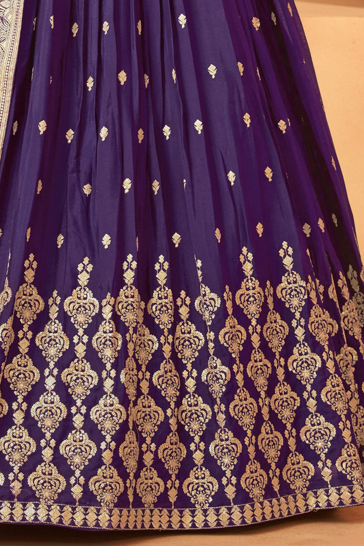 Purple Stone, Zari, Sequins and Beads work Crop Top Lehenga