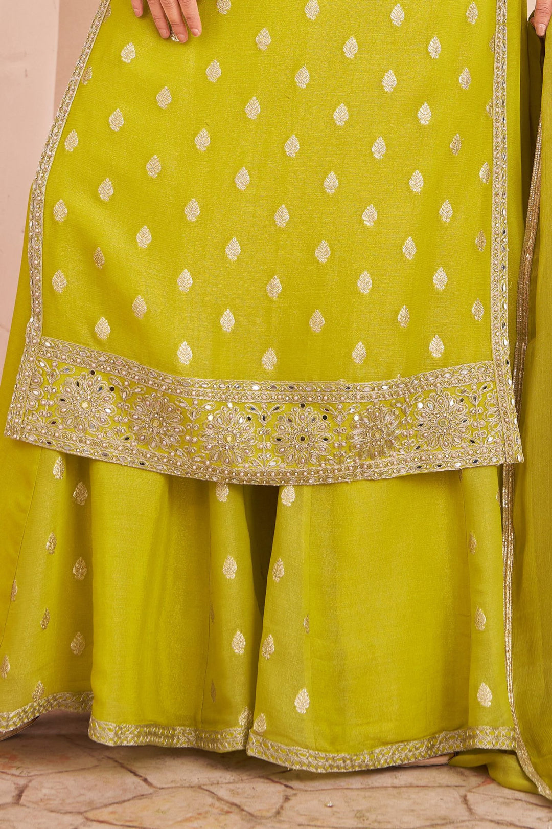 Liril Green Zari, Pearls, Stone, Zardozi and Mirror work Palazzo Salwar Suit
