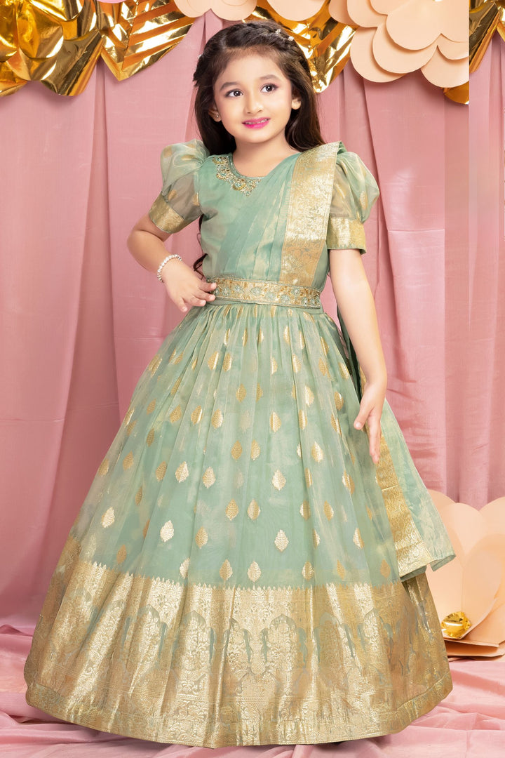 Pista Green Zari, Zardozi, Sequins, Stone and Thread work Long Party Gown for Girls