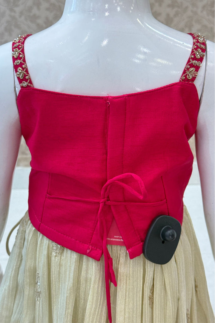 Rani Pink with Cream Sequins, Beads and Zari work Lehenga Choli for Girls