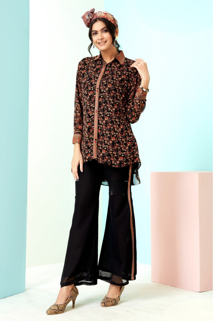 Black Beads, Sequins and Stone work with Digital Print Cord Set
