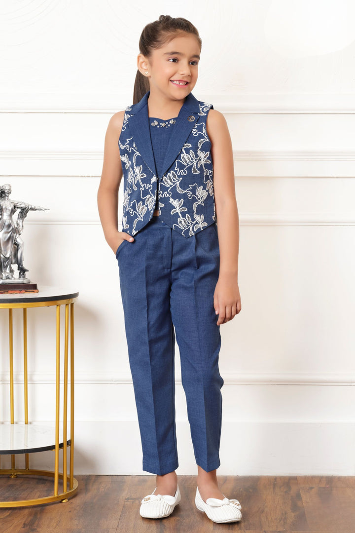 Dark Blue Thread and Sequins work Overcoat Styled Co-ord Set for Girls