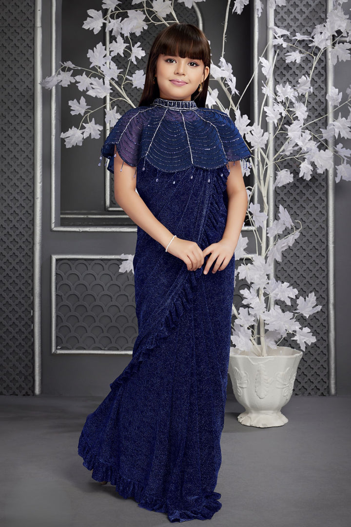 Navy Blue Beads and Sequins work Poncho with Saree Styled Lehenga Choli for Girls